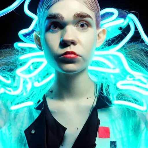 Image similar to grimes on stage djing, volumetric neon lights in the background, gleaming, 3 5 mm photography, portrait!!!!!!, photorealistic facial features, trending on artstation, 4 k, 8 k, zbrush, mannerism