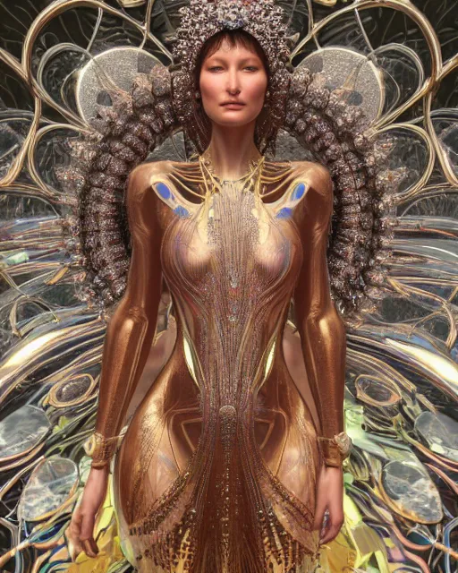 Prompt: a highly detailed metahuman 4 k close up render of an alien goddess bella hadid as goddess of love in iris van herpen dress schiaparelli in diamonds crystals swarovski and jewelry in style of alphonse mucha gustav klimt trending on artstation made in unreal engine 4