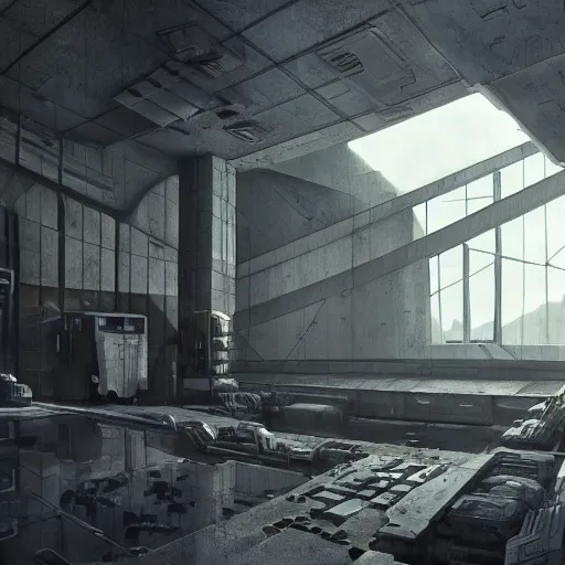 Image similar to brutalist interiori, neo militarism, eco brutalism, highly detailed, excellent composition, cinematic concept art, dramatic lighting, trending on artstation