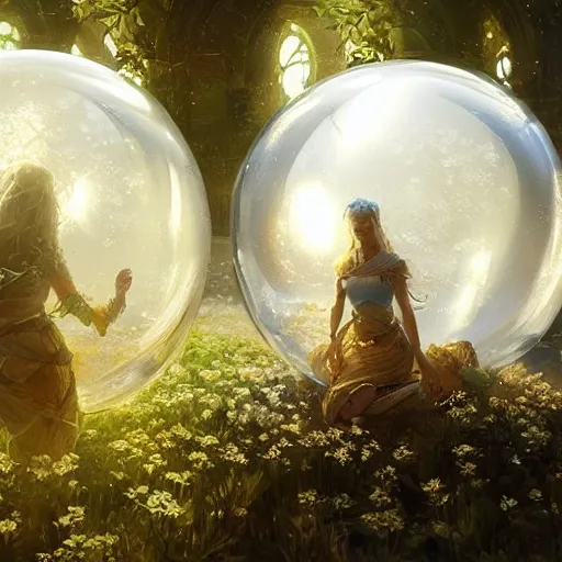 Prompt: Concept art, Jasmine flowers in shiny bubbles, 8k, james gurney, greg rutkowski, john howe, artstation