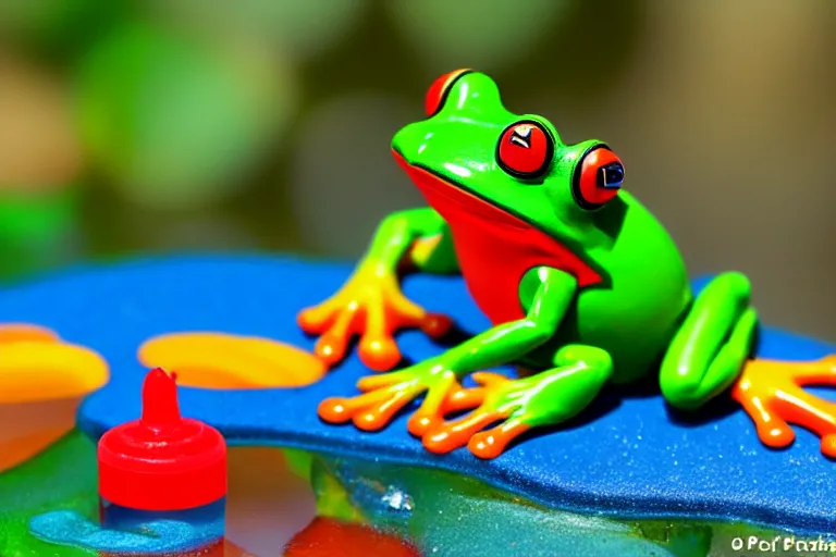 Image similar to fisher price frog pond, california, in 2 0 1 5, perfect focus, scene from tv show 5 5 mm 8 5 mm, toy photography, made out of plastic