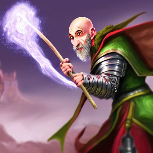 Image similar to a bald asmongold as a sorcerer casting spells with his staff, fighting with ludwig dressed as a knight, hyper realistic, hyper detailed, fantasy, easter colors, digital art