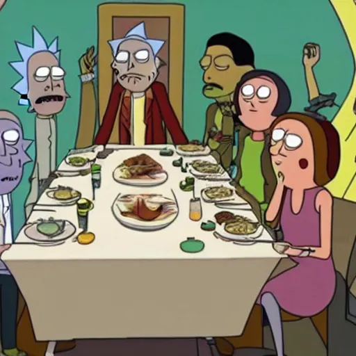 Prompt: rick and morty tv show characters in the last supper