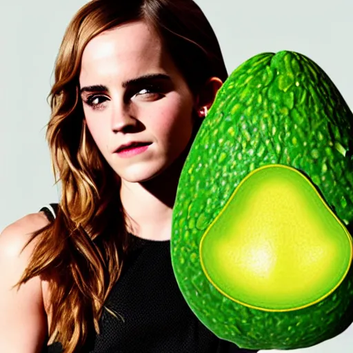 Image similar to photograph of emma watson with green avocado skin, anthropomorphic, photoshop