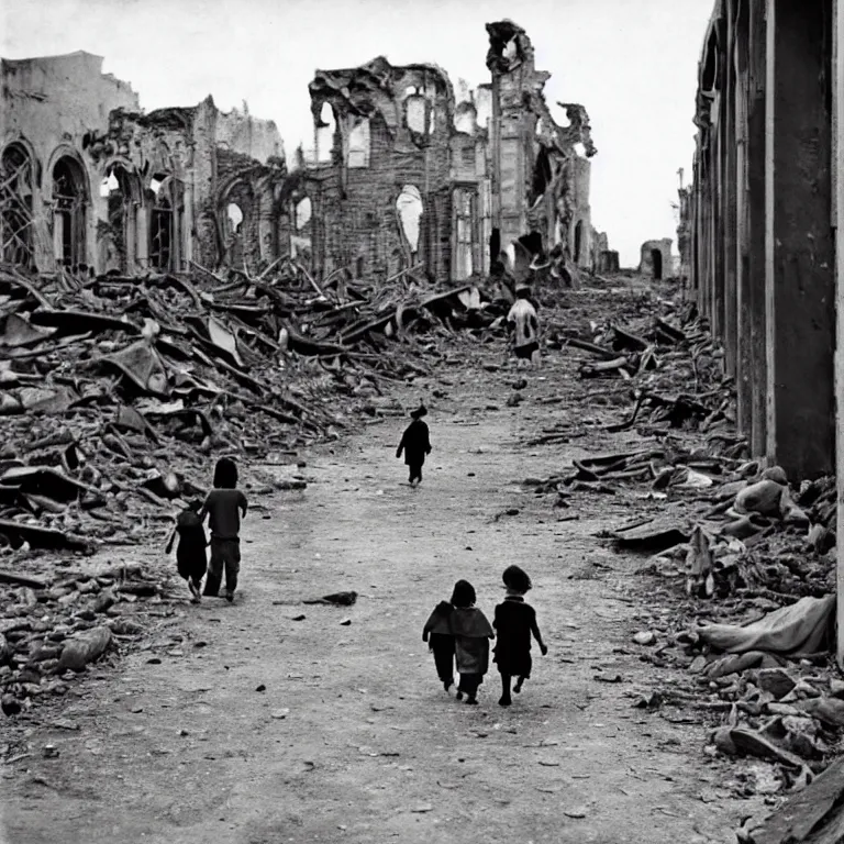 Image similar to homeless children walk through the ruins of the city, scary photo in color