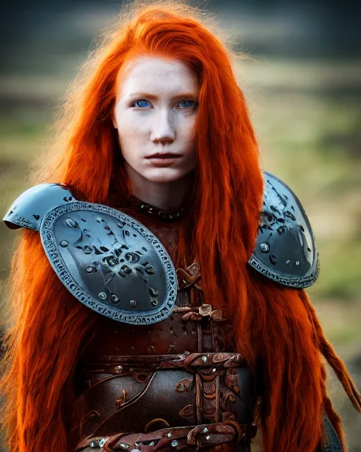 Prompt: north female warrior, red hair, ginger hair, long hair, fantasy, female Viking, high detailed, photography, cloudy, lightweight leather armour, Scandinavia, plain, detailed face, beautiful face, look into the distance, professional model, glowing skin, serious face, full body, professional photographer, masterpiece, 50 mm, 8k, 3D