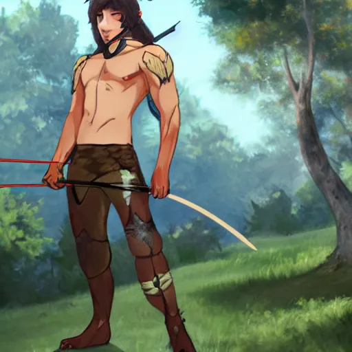 Image similar to muscular wolf archer aiming for a tree, fursona, anthro, male, detailed fur, detailed clothing, painting, makoto shinkai