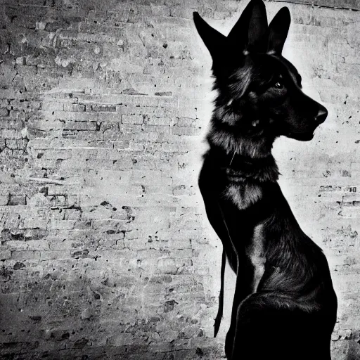 Image similar to fashion photography of a model with the head of a german shepherd, wearing futuristic hip - hop fashion, inside berghain, futuristic fashion, photo 3 5 mm leica, hyperdetail, 8 k, very detailed, black and white