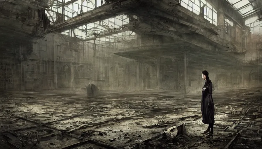 Prompt: dark moody photo of a female mechanic standing on a derelict factory floor with old rusting machinery, elegant, highly detailed, smooth, sharp focus, illustration, beautiful, geometric, art by Tom Bagshaw