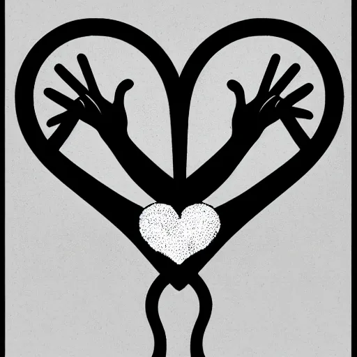 Prompt: clean black and white print, logo of a symmetric heart with a stylized symmetric gymnast human body form inside