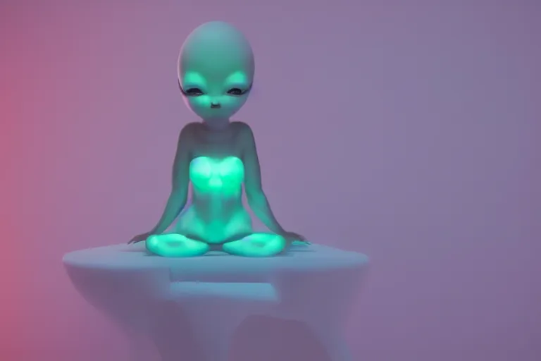 Image similar to a cute alien girl sitting on a cloud relaxing, misty, glows, blender render, hazy, foggy, red lighting, ambient lighting, 8 k,