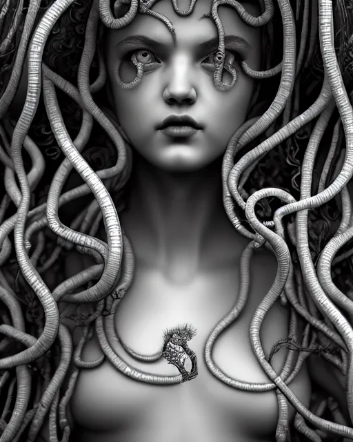 Image similar to mythical dreamy underwater artistic black and white 3 d render of a translucent beautiful young female angelic - medusa - vegetal - doll, highly detailed, intricate crystal ivy jelly ornate, poetic, translucent algae ornate, digital art, octane render, 8 k artistic photography, photo - realistic, hg giger flora borsi