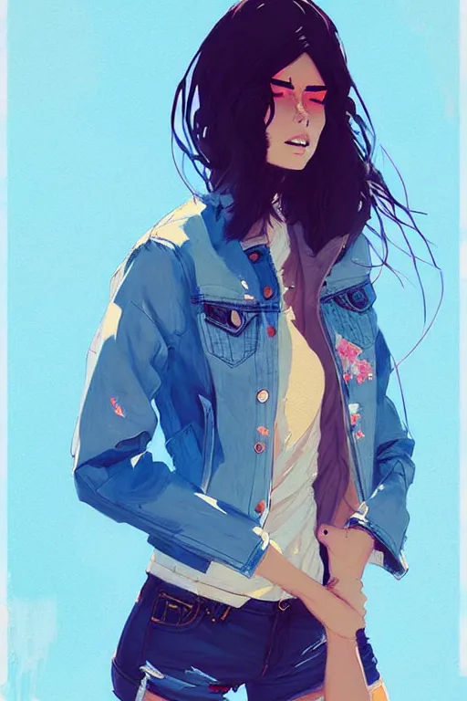 Image similar to a ultradetailed beautiful painting of a stylish woman in a denim jacket and shorts, by conrad roset, greg rutkowski and makoto shinkai trending on artstation