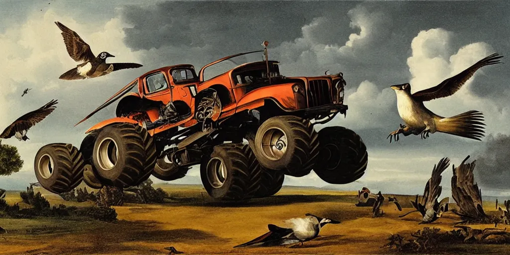 Image similar to Monster truck, in the style of birds of america, painting by john james audubon