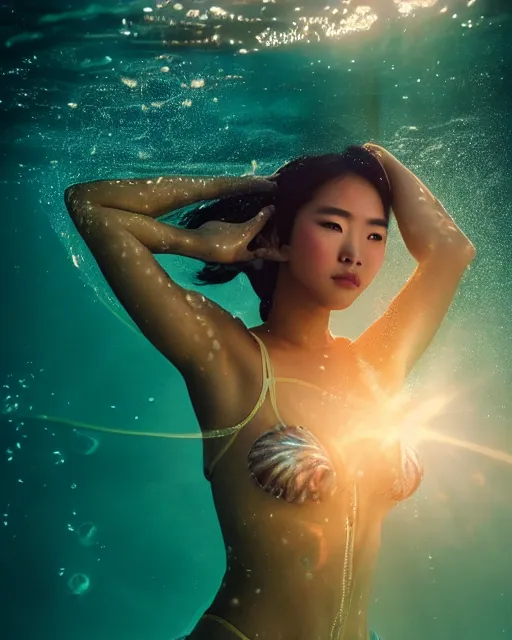 Image similar to portrait of asian woman underwater during sunrise, sunrays, aquaman aesthetic, caustics, rippling water, photoshoot, flowing hair, elegant, iconic, fine-art, masterpiece, cinematic, trending on artstation