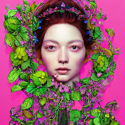 Image similar to the portrait of an absurdly beautiful, graceful, elegant, sophisticated woman made of strawberries and green petals, an ultrafine hyperdetailed illustration by james jean, kim jung gi, irakli nadar, intricate linework, bright colors, octopath traveler, final fantasy, unreal engine 5 highly rendered, global illumination, radiant light, detailed and intricate environment