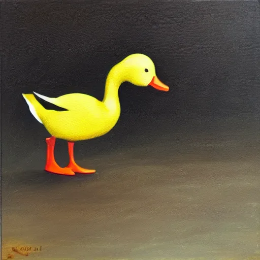 Prompt: yellow duck standing and holding a knife, oil painting