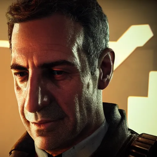 Prompt: jeff epstein in wolfenstein, splash art, movie still, cinematic lighting, glowing, neon light, ray tracing, octane render, long lens, shallow depth of field, bokeh, anamorphic lens flare, 8 k, hyper detailed, 3 5 mm film grain