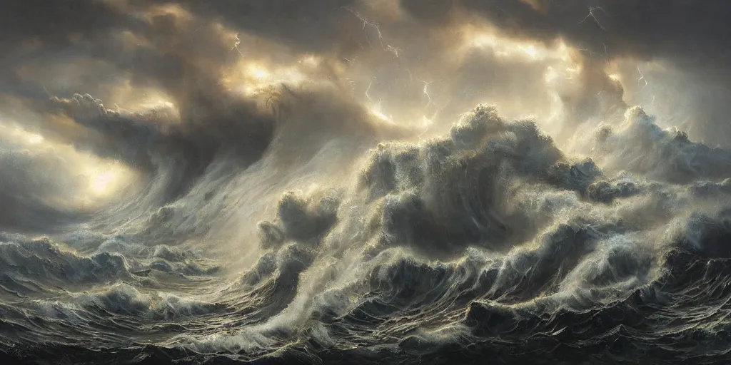 Prompt: stunning painting of a stormy sea with giant waves and lightning, by ellen jewett, by tomasz alen kopera, by Justin Gerard, ominous, magical realism, texture, intricate, volumetric lighting, high details