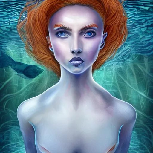 Image similar to a beautiful aquatic humanoid, gorgeous person with gills on their neck and fin - like ears, fish gills on neck, large eyed glamor woman, digital painting