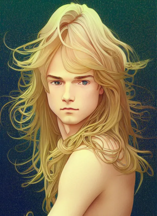 Image similar to pretty young man with shoulder length shiny shimmering golden blond hair, path traced, highly detailed, high quality, digital painting, by studio ghibli and alphonse mucha, leesha hannigan, disney