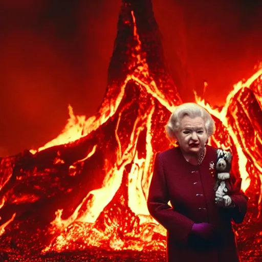 Image similar to stunning awe inspiring betty white as the queen of hell surrounded by fire, lava, brimstone and demonic killer dolls, movie still 8 k hdr atmospheric lighting