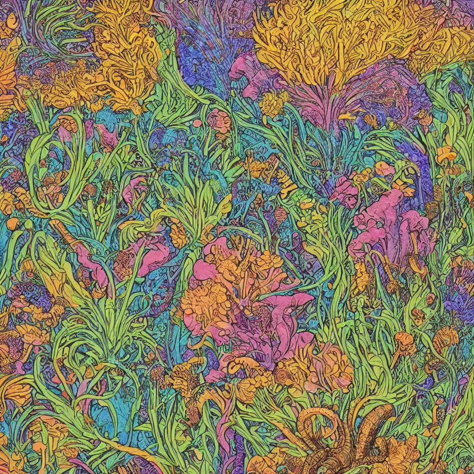 Prompt: colorful print of alien fungi botanical artwork, multicolor lino block print with vignettes, created by ernst haeckel, greg hildebrandt, mary delany, tiffany bozic in the style of painting toon shades, colorful ink, vibrant, pastel, colorful dark vector, smooth curves, graphical, detailed, trending in art station