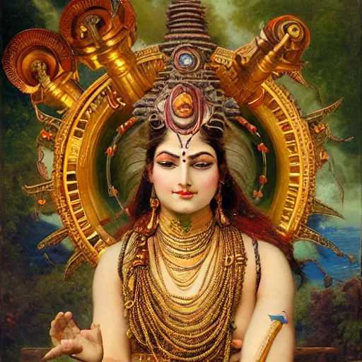 Image similar to detailed potrait of hindu god shiva with hightec vr headset steampunk head armour, girl graceful,, painting by gaston bussiere, craig mullins, j. c. leyendecker, lights, art by ernst haeckel, john william godward, hammershøi,,