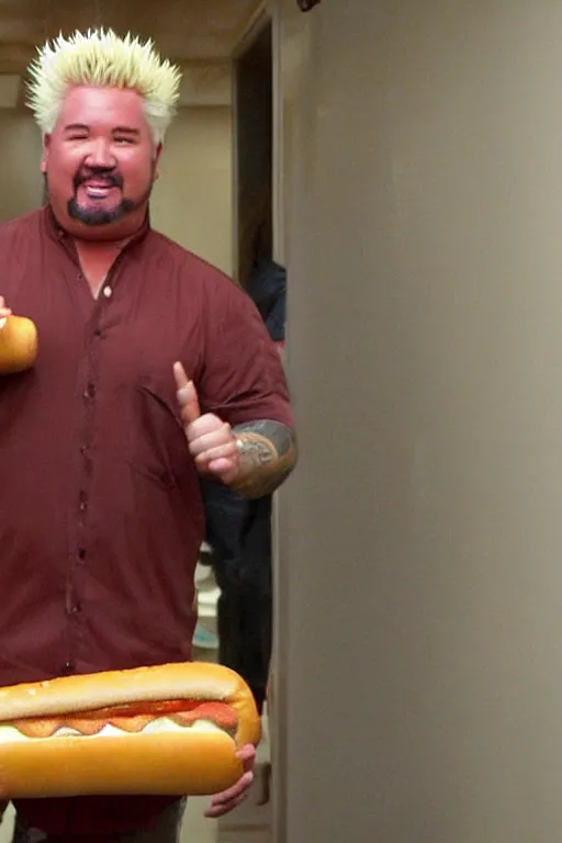 Prompt: a grainy photo of Guy Fieri standing in a hallway holding an enormous hot dog in a bun