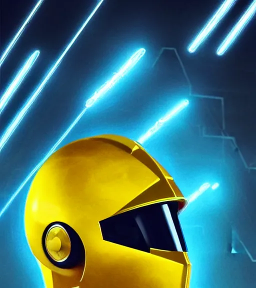 Image similar to symmetry!! yellow ranger, lightning - bolt - shaped helmet!!, hard edges, product render retro - futuristic poster scifi, lasers and neon circuits, thunder strikes, lightning, intricate, elegant, highly detailed, digital painting, artstation, concept art, smooth, sharp focus, illustration, dreamlike, art by artgerm