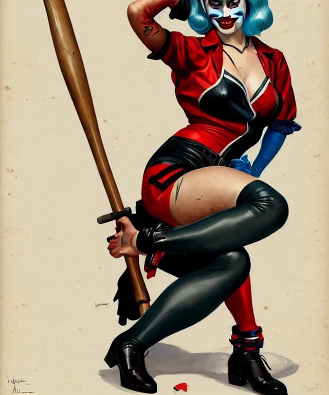 Image similar to 1940's pin-up Margot Robbie as Harley Quinn, fully dressed, with baseball bat, highly detailed, digital painting, artstation, concept art, smooth, sharp focus, illustration, art by artgerm and greg rutkowski and alphonse mucha