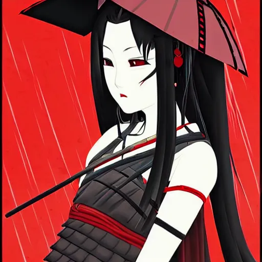 Image similar to seductive female samurai, in the rain, highly detailed, painting, dark red and black color palette, intricate, high quality, anime artstyle, in the style of sana takeda