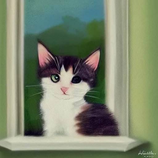 Image similar to cute calico kitten looking out of the window on a [ [ [ [ beautiful ] ] ] ] summer day, storybook art, detailed, cute, profile shot, featured on artstationg, gorgeous!!!