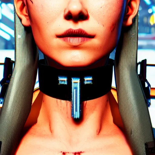 Image similar to female V from Cyberpunk 2077 wearing spiked steel choker, steel collar, steel choker, punk, steel collar, 4K, realistic, spiked collar, portrait, art, beautiful,