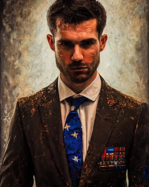 Image similar to oil painting portrait of patric bateman, serbian flag background, cinematic lighting, high production value, intricate details, high resolution, hdr, high definition, masterpiece, realistic, ultrarealistic, highly detailed, hd, sharp focus, non blurry, sharp, smooth