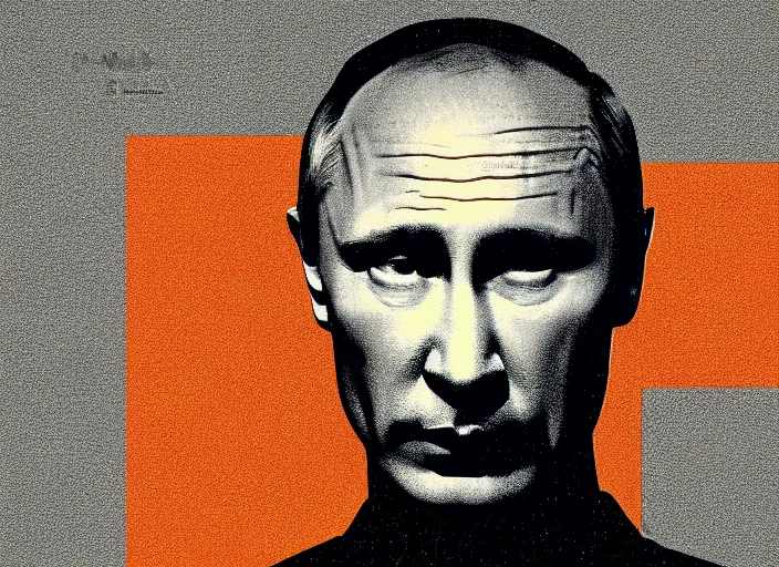 Image similar to Vladimir Putin as sad Keanu on a prison bench,behind bars, modern art deco, Mads Berg, Karolis Strautniekas,stippled light, dramatic lighting,fine texutre, editorial illustration,matte print, film noir, dark blue+dark orange+orange+beige+black+white,dynamic composition,moody, bauhaus