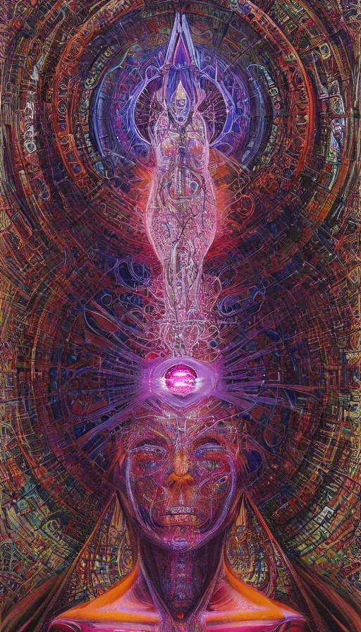 Prompt: Chromatic crystal themed painting of ancient psytrance monk fantasy human beautiful symmetrical anatomy concept, infinity glyph, intricate artwork by, Alex Grey, Johnatan Wayshak, Zdizslaw Beksinski, Ayami Kojima, Amano, Karol Bak, Greg Hildebrandt, and Mark Brooks, Neo-Gothic, gothic, rich deep colors, art by Takato Yamamoto, masterpiece, face by Artgerm, H.R. Giger, very coherent artwork, cinematic, hyper realism, high detail, octane render, unreal engine, 8k, High contrast, golden ratio, trending on cgsociety, ultra high quality model, production quality cinema model