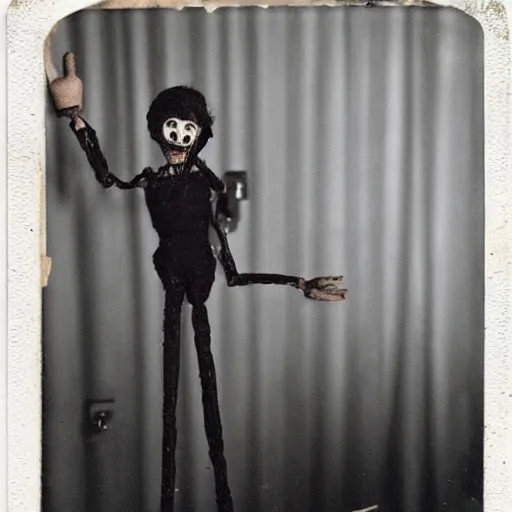 Prompt: female alive, creepy marionette puppet, leaping towards viewer, horrific, unnerving, clockwork horror, pediophobia, lost photograph, dark, forgotten, final photo found before disaster, polaroid,