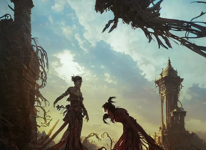 Image similar to highly detailed leipzig, undead land, stephen bliss, unreal engine, wuxia art by greg rutkowski, loish, rhads, ferdinand knab, makoto shinkai and lois van baarle, ilya kuvshinov, rossdraws, tom bagshaw, alphonse mucha, global illumination, radiant light, detailed and intricate environment