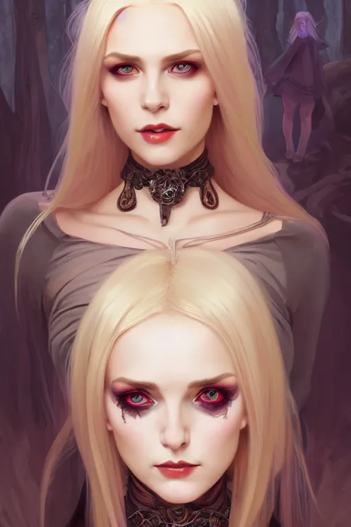 Image similar to Portrait of seductive female necromancer, D&D, revealing stylish dress, choker on neck, long blonde hair, mouth slightly open, slight nerdy smile, fantasy, intricate, elegant, highly detailed, digital painting, artstation, concept art, smooth, sharp focus, illustration, art by artgerm and greg rutkowski and alphonse mucha