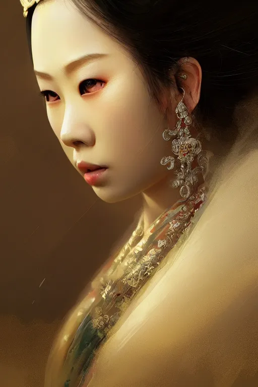 Image similar to Japanese princess, gorgeous, close-up portrait, intricate, elegant, volumetric lighting, scenery, digital painting, highly detailed, artstation, sharp focus, illustration, concept art, ruan jia, steve mccurry