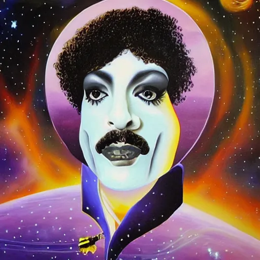 Prompt: a painting of prince in space in the style of dali. trending on artstation.