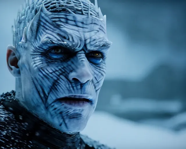 Prompt: clear ice block as night king in game of thrones, 4 k, epic, cinematic, focus, movie still, fantasy, extreme detail, atmospheric, dark colour, sharp focus