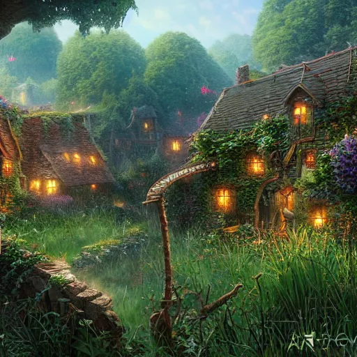 Prompt: overgrown village cryengine render by arthur adams, benoit mandelbrot, artgerm, thomas kinkade
