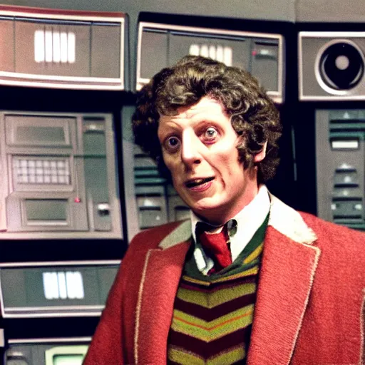 Prompt: Tom Baker as the Doctor in his burgundy costume in the Tardis secondary control room