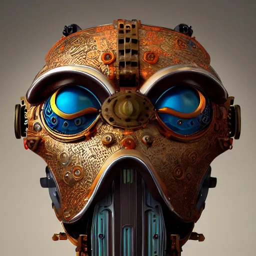 Prompt: steampunk tribal mask, robot, japanese pottery, vivid colors, wood, metal, intricate details, trending on cgsociety, concept art, glowing eyes, sharp focus, ultra realistic details, cinematic atmosphere, global illumination, shadows, octane render, 8 k