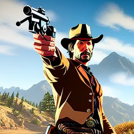 Image similar to Cover art of Red Dead Redemption 3, no text, Keanu Reeves as the main character