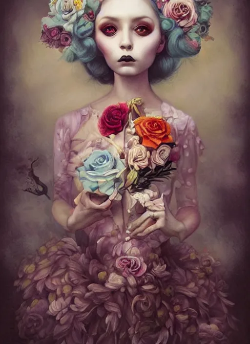 Image similar to pop surrealism, lowbrow art, dress, realistic flowers painting, hyper realism, muted colours, rococo, natalie shau, loreta lux, tom bagshaw, mark ryden, trevor brown style