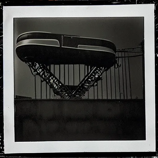 Image similar to black cat in a rollercoaster. polaroid. bleak.