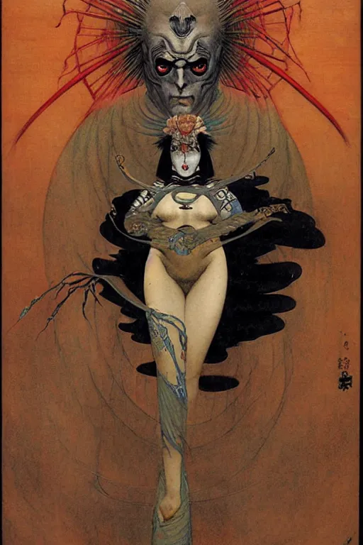 Prompt: kabuki ghost by wayne barlowe, gustav moreau, goward,  Gaston Bussiere and roberto ferri, santiago caruso, and austin osman spare, ((((occult art))))